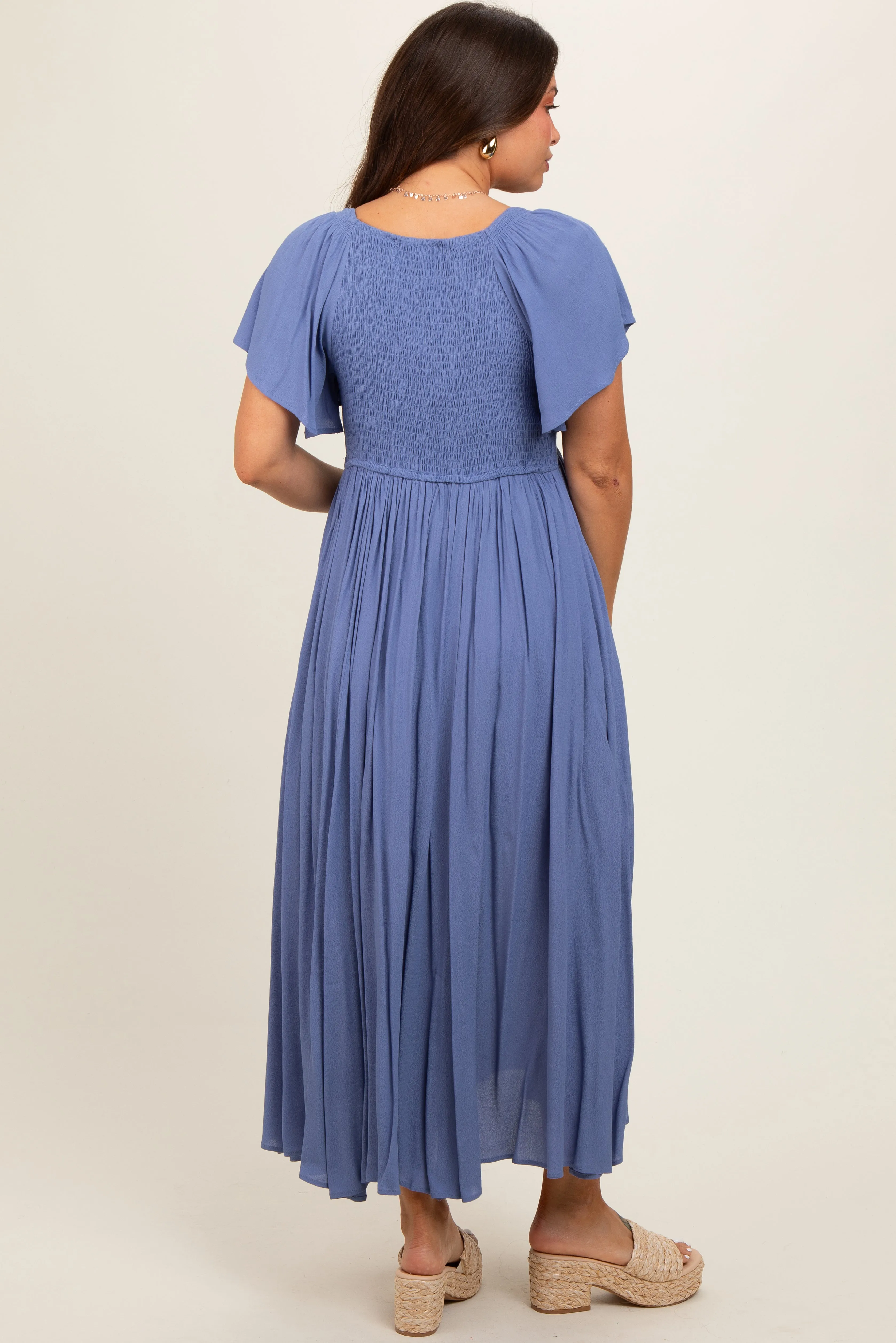 Blue V-Neck Flutter Short Sleeve Maternity Midi Dress sold by Pinkblush product image thumbnail 4