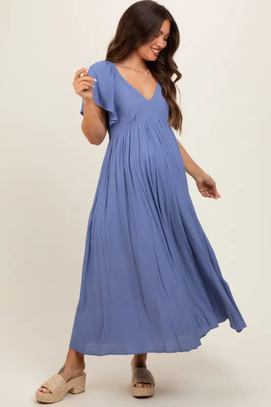 Blue V-Neck Flutter Short Sleeve Maternity Midi Dress sold by Pinkblush