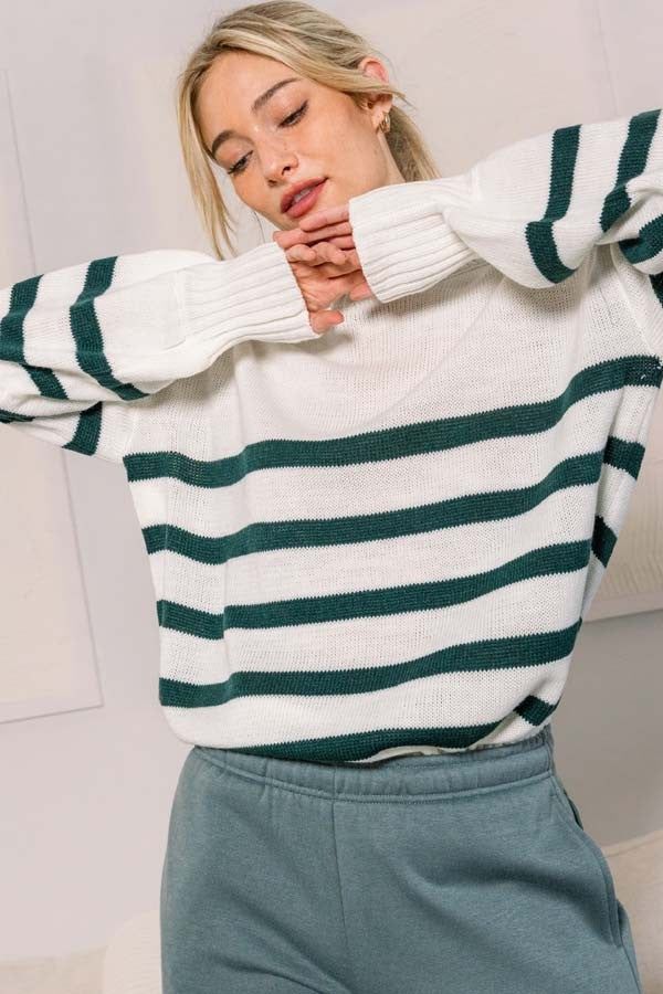 Forest Green Striped Oversized Side Slit Sweater sold by Pinkblush