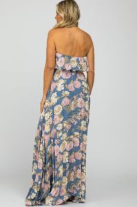 Blue Floral Strapless Ruffle Front Maternity Maxi Dress sold by Pinkblush