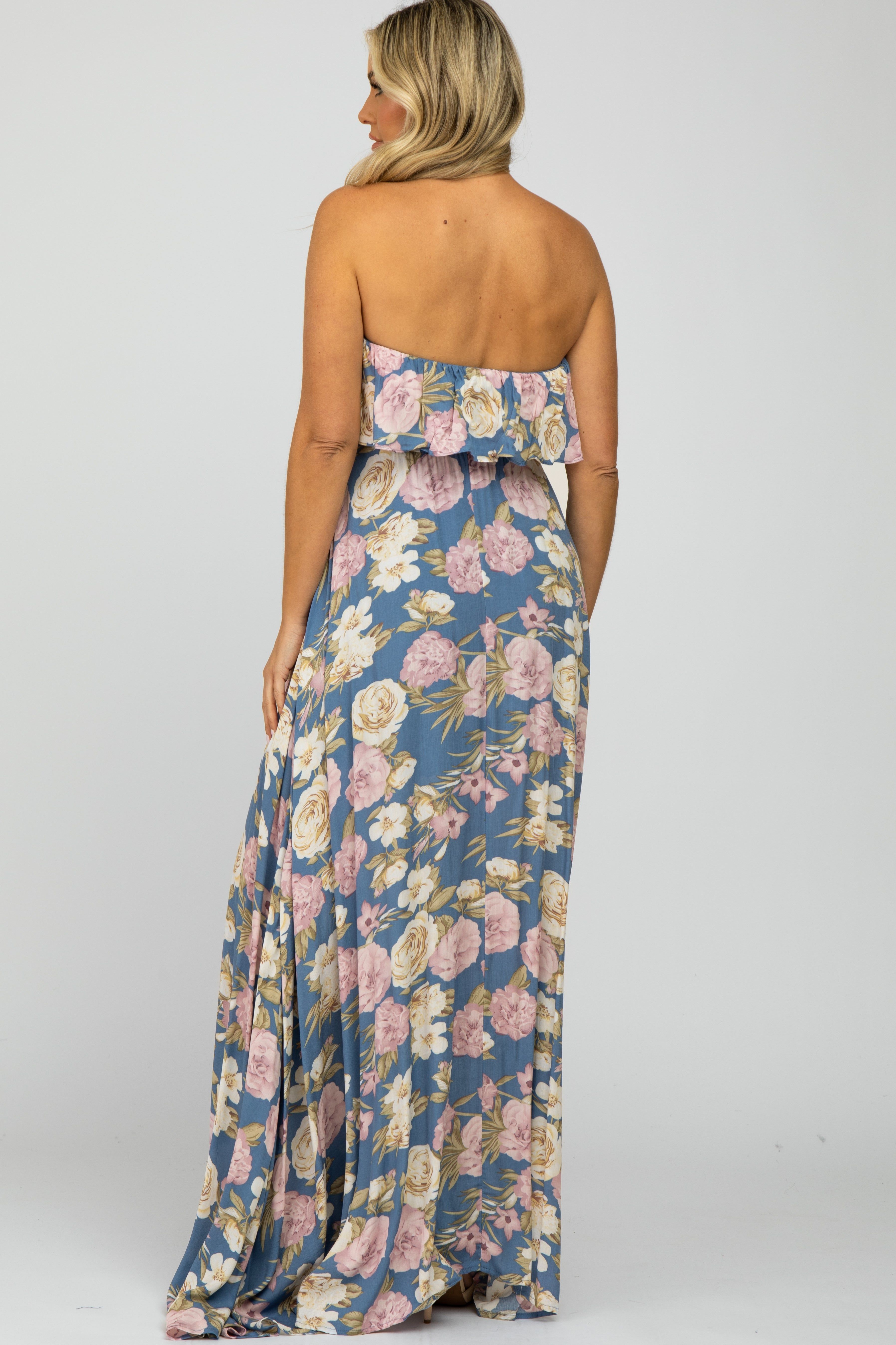 Blue Floral Strapless Ruffle Front Maternity Maxi Dress sold by Pinkblush product image thumbnail 3