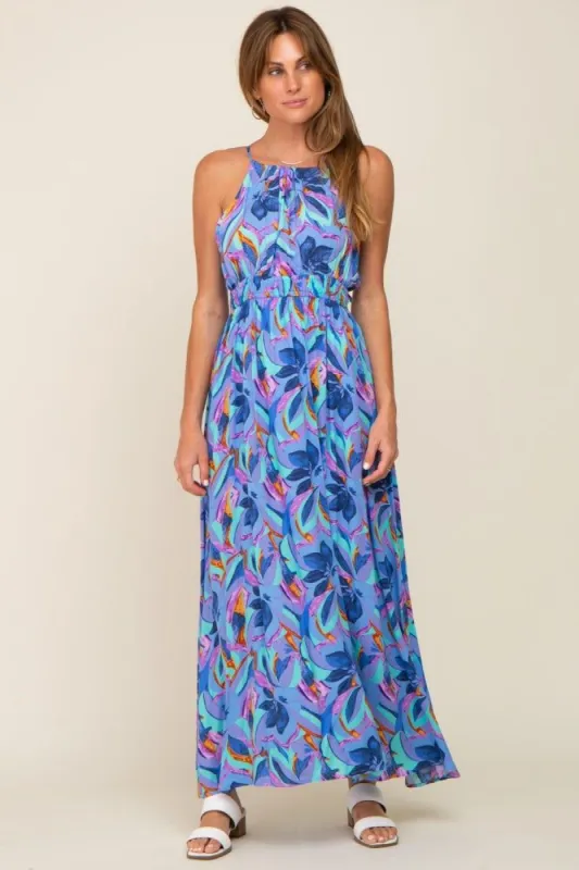 Blue Floral Halter Shirred Maxi Dress sold by Pinkblush