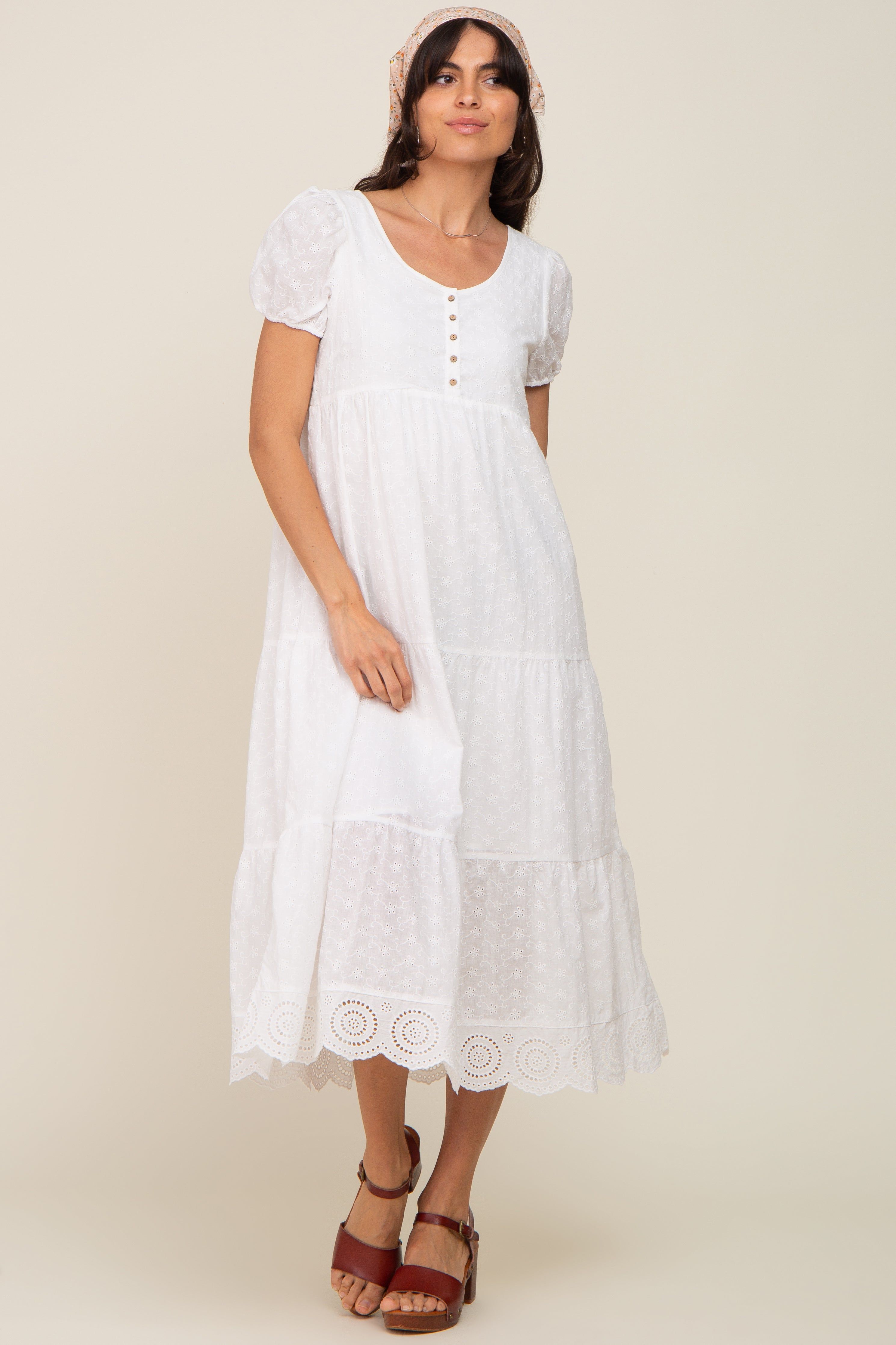 Ivory Eyelet Button Front Tiered Scalloped Hem Midi Dress sold by Pinkblush product image thumbnail 5