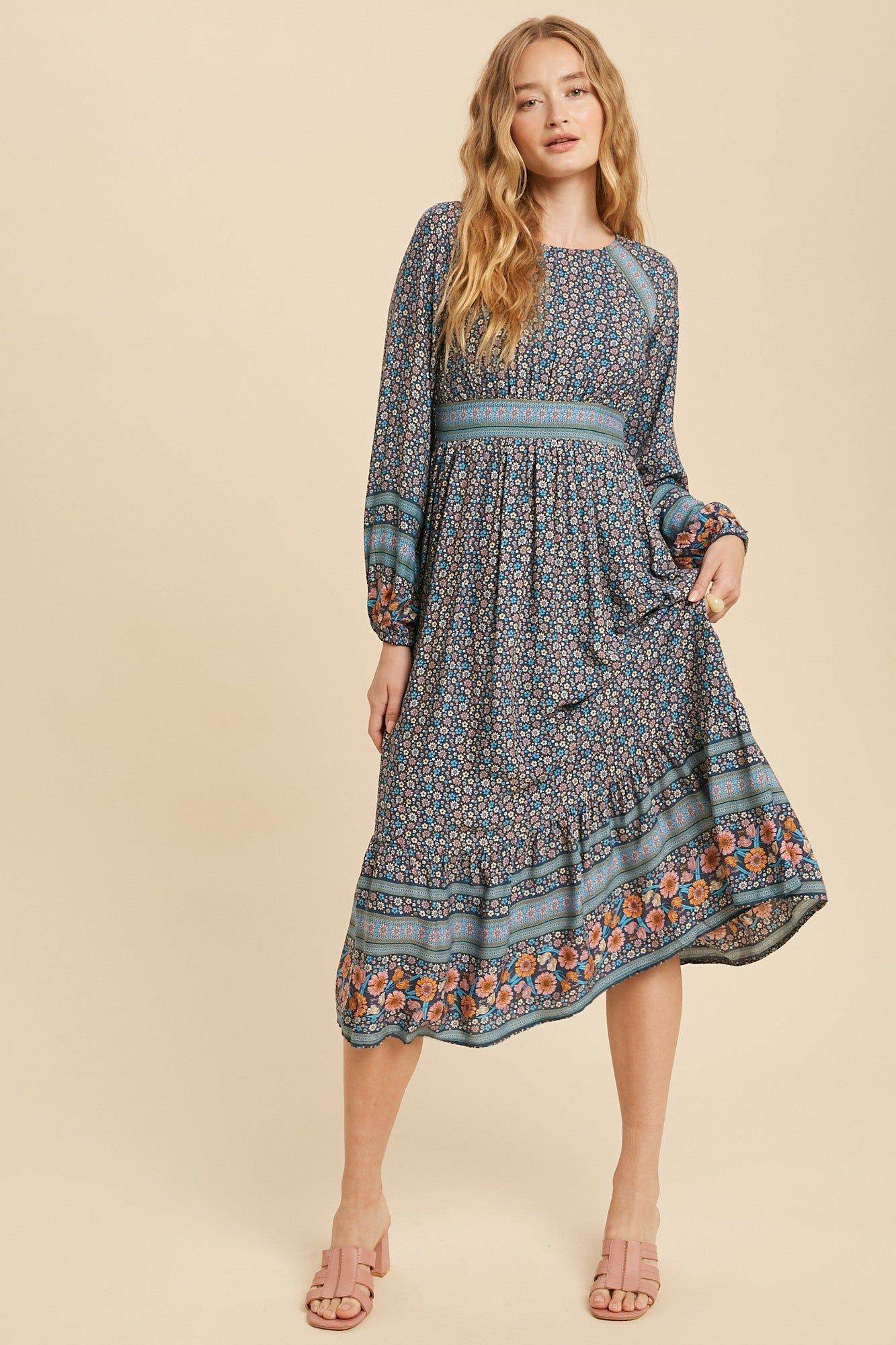 Blue Floral Border Print Boho Midi sold by Pinkblush