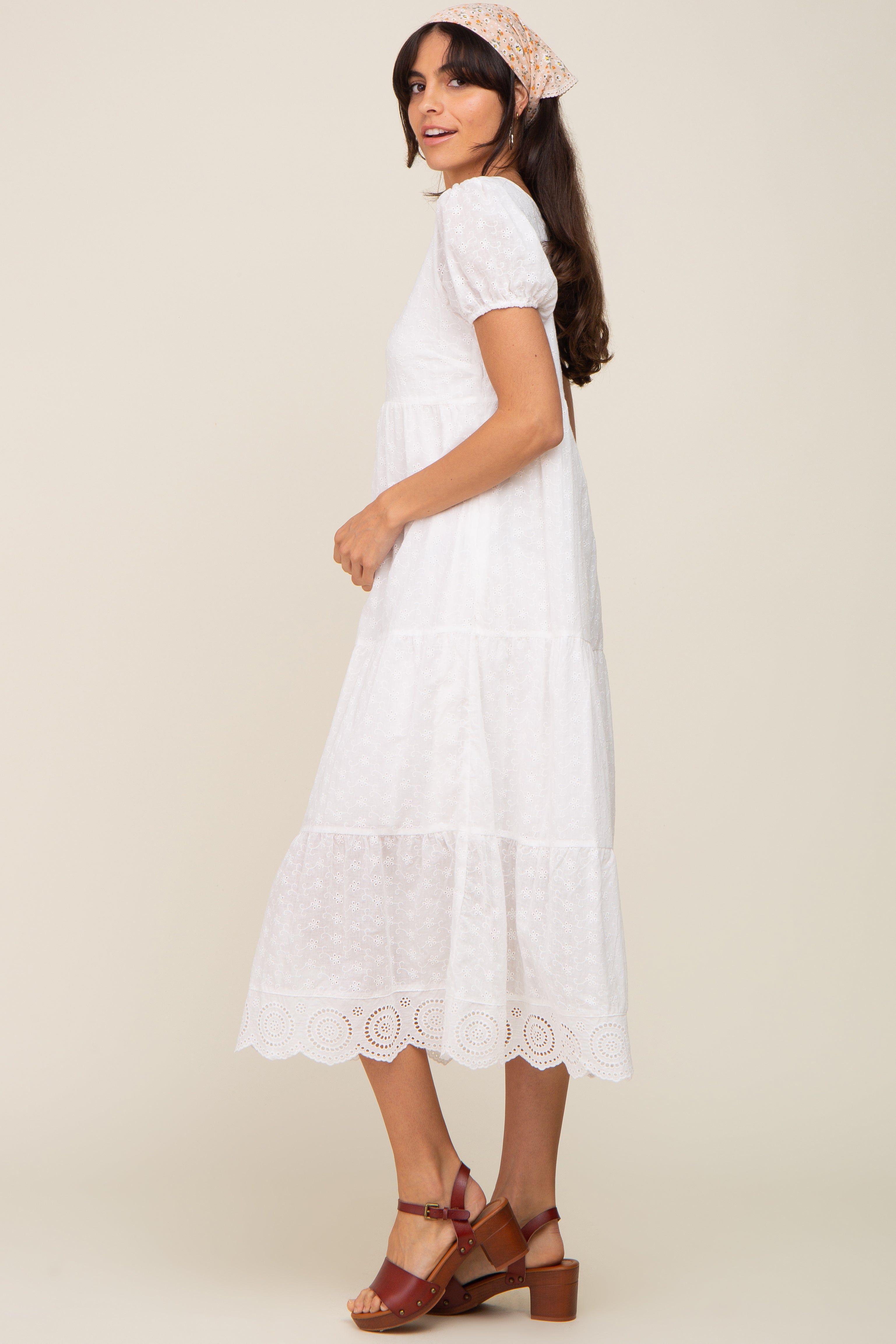 Ivory Eyelet Button Front Tiered Scalloped Hem Midi Dress sold by Pinkblush product image thumbnail 2