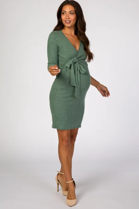 Green Brushed Knit Wrap Fitted Maternity/Nursing Dress sold by Pinkblush