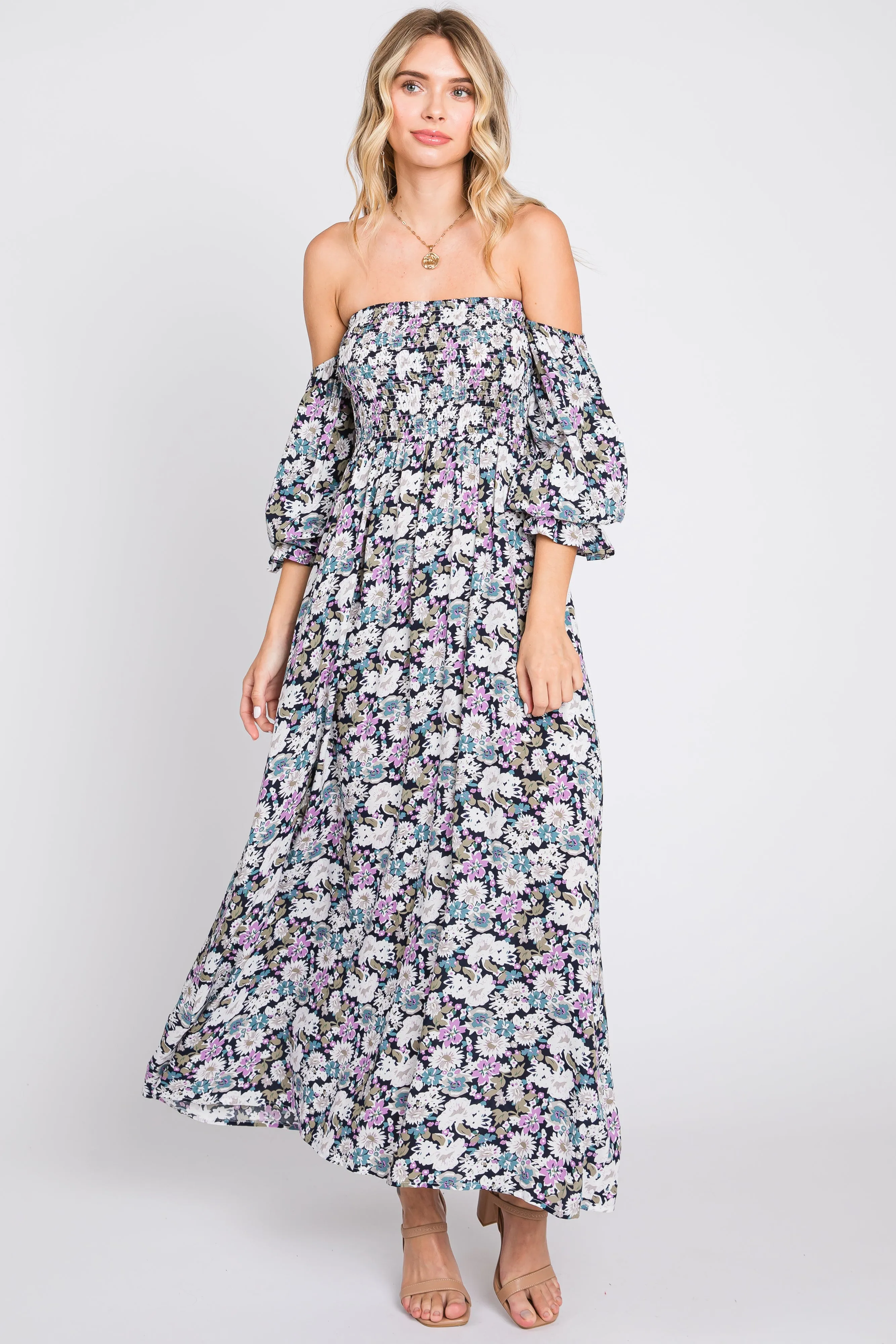 Black Floral Print Off Shoulder Smocked Maxi Dress sold by Pinkblush product image thumbnail 4