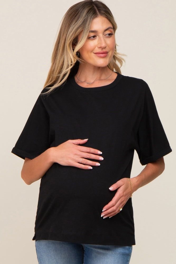 Black Oversized Rolled Short Sleeve Maternity Top sold by Pinkblush