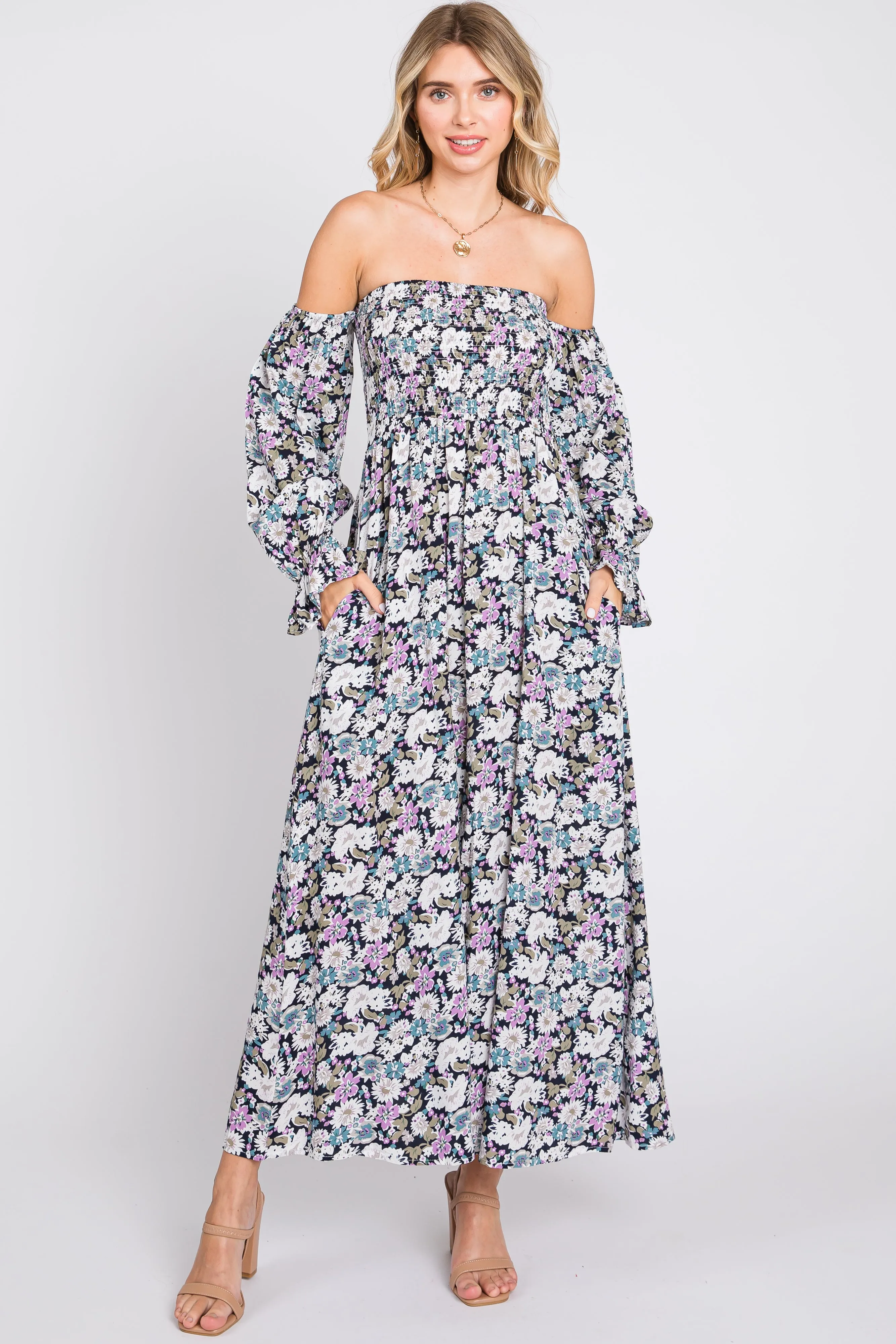 Black Floral Print Off Shoulder Smocked Maxi Dress sold by Pinkblush