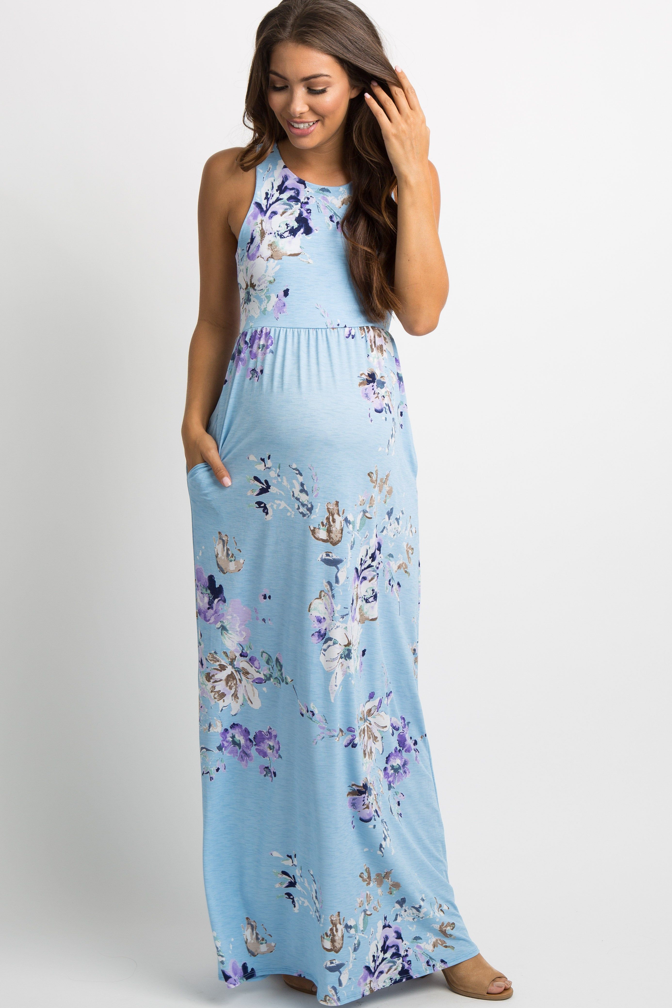 PinkBlush Aqua Floral Sleeveless Maternity Maxi Dress sold by Pinkblush