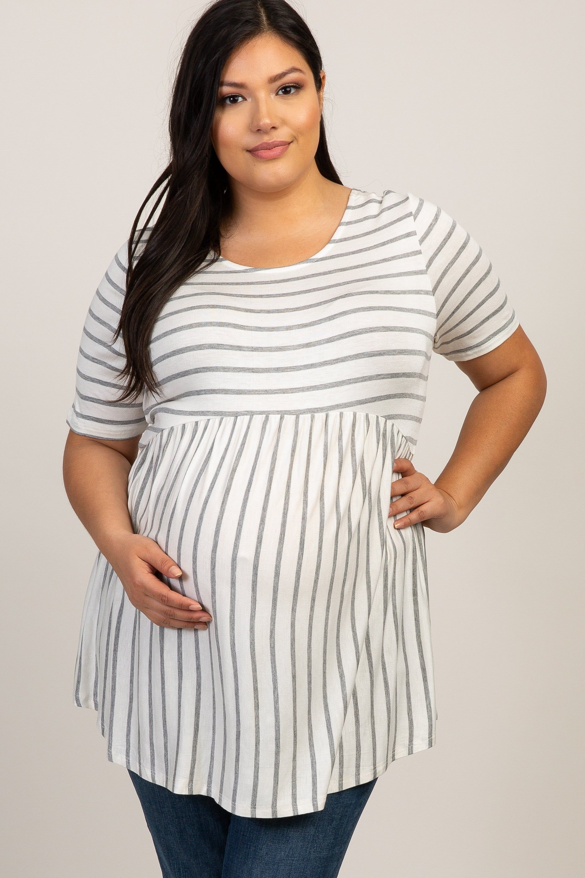 PinkBlush Grey Striped Crisscross Peplum Plus Maternity Top sold by Pinkblush