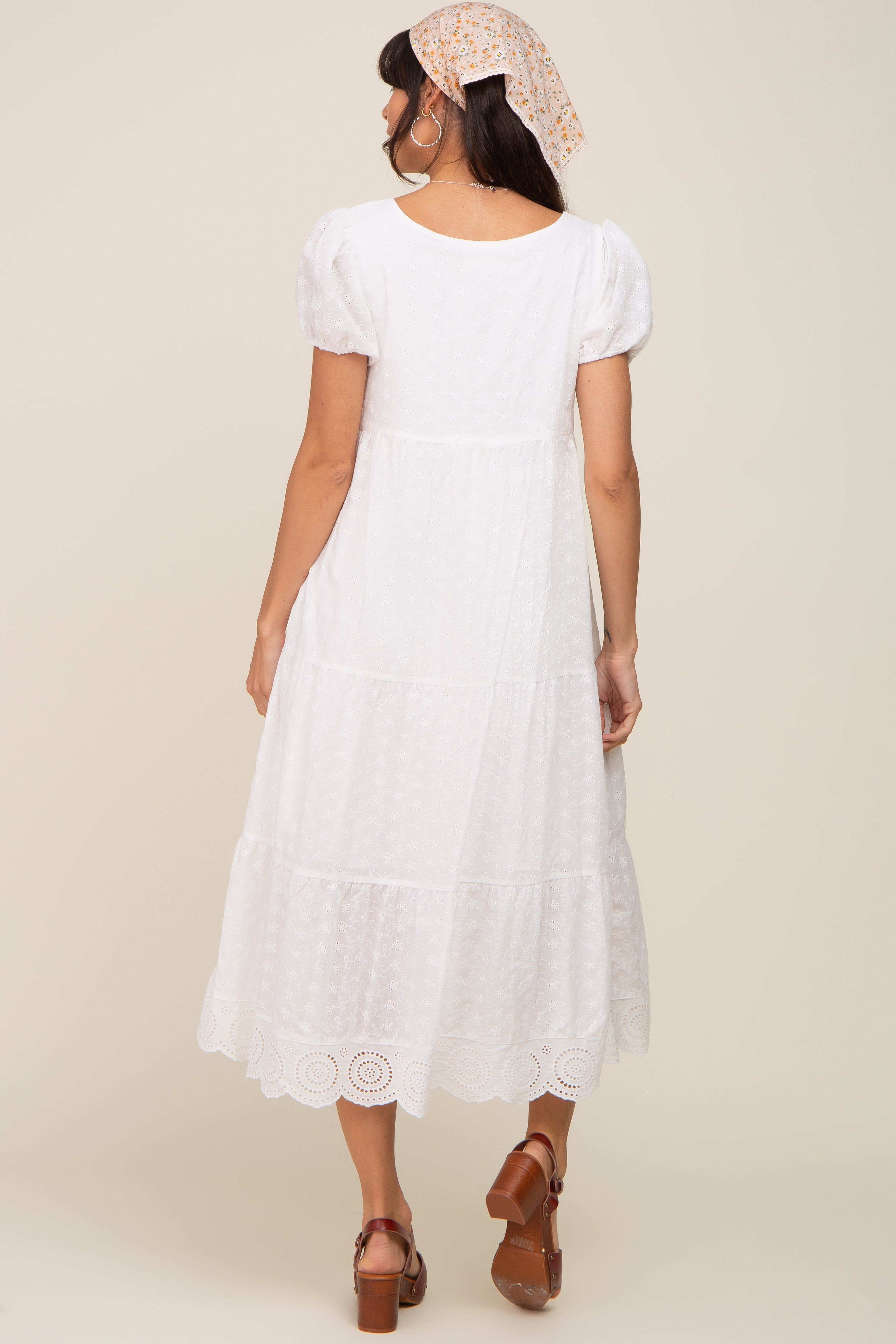 Ivory Eyelet Button Front Tiered Scalloped Hem Midi Dress sold by Pinkblush product image thumbnail 3