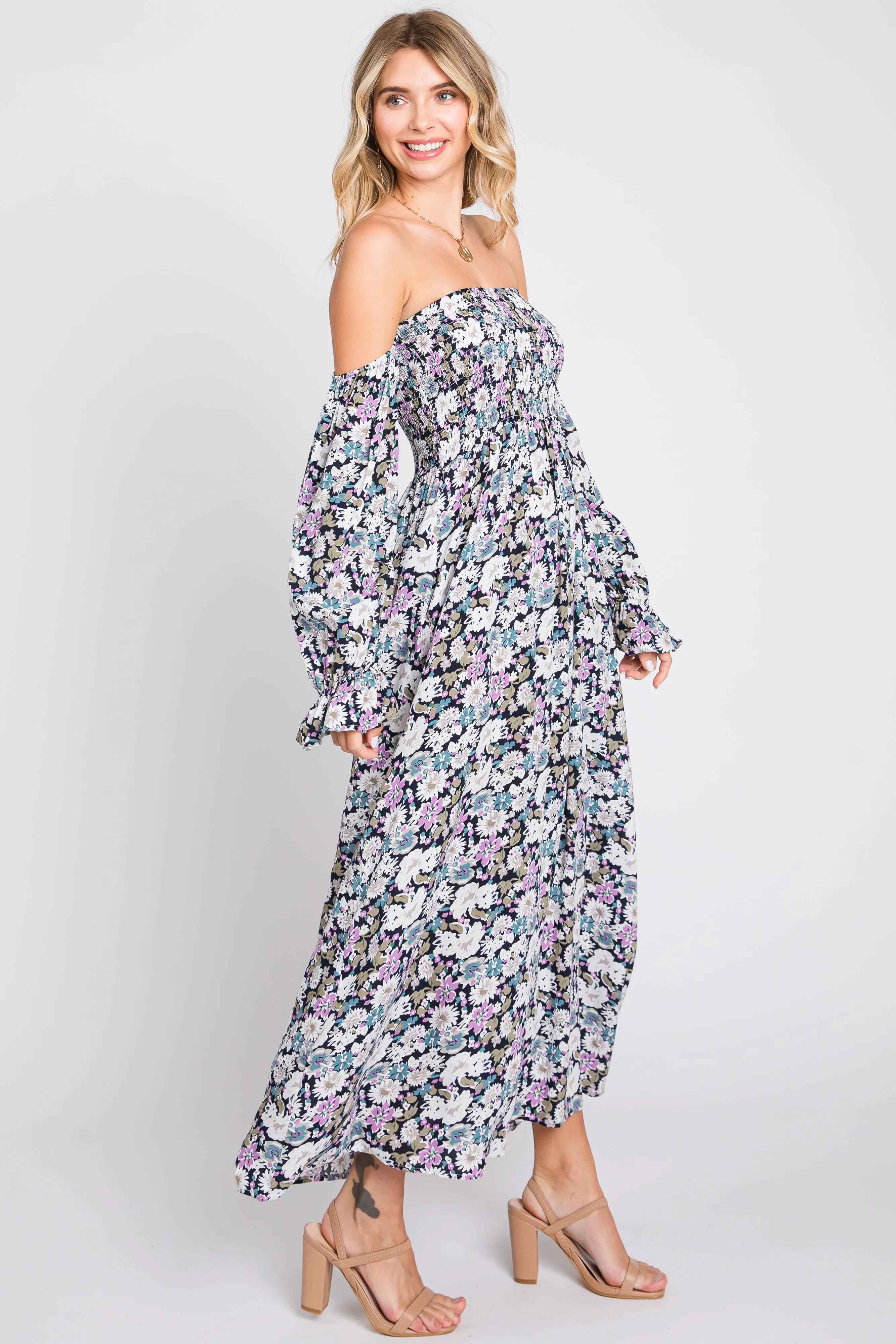 Black Floral Print Off Shoulder Smocked Maxi Dress sold by Pinkblush product image thumbnail 2