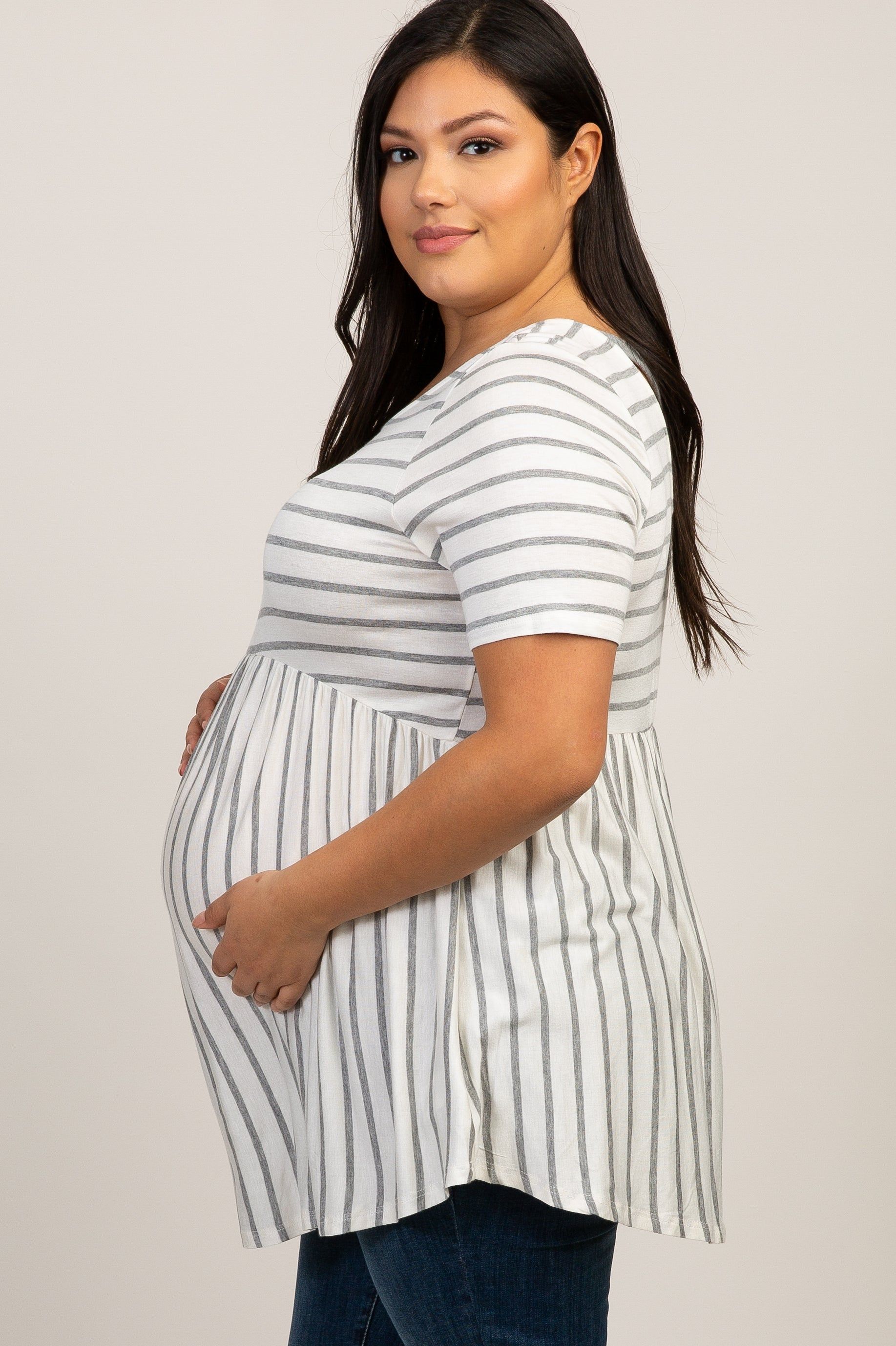 PinkBlush Grey Striped Crisscross Peplum Plus Maternity Top sold by Pinkblush product image thumbnail 2