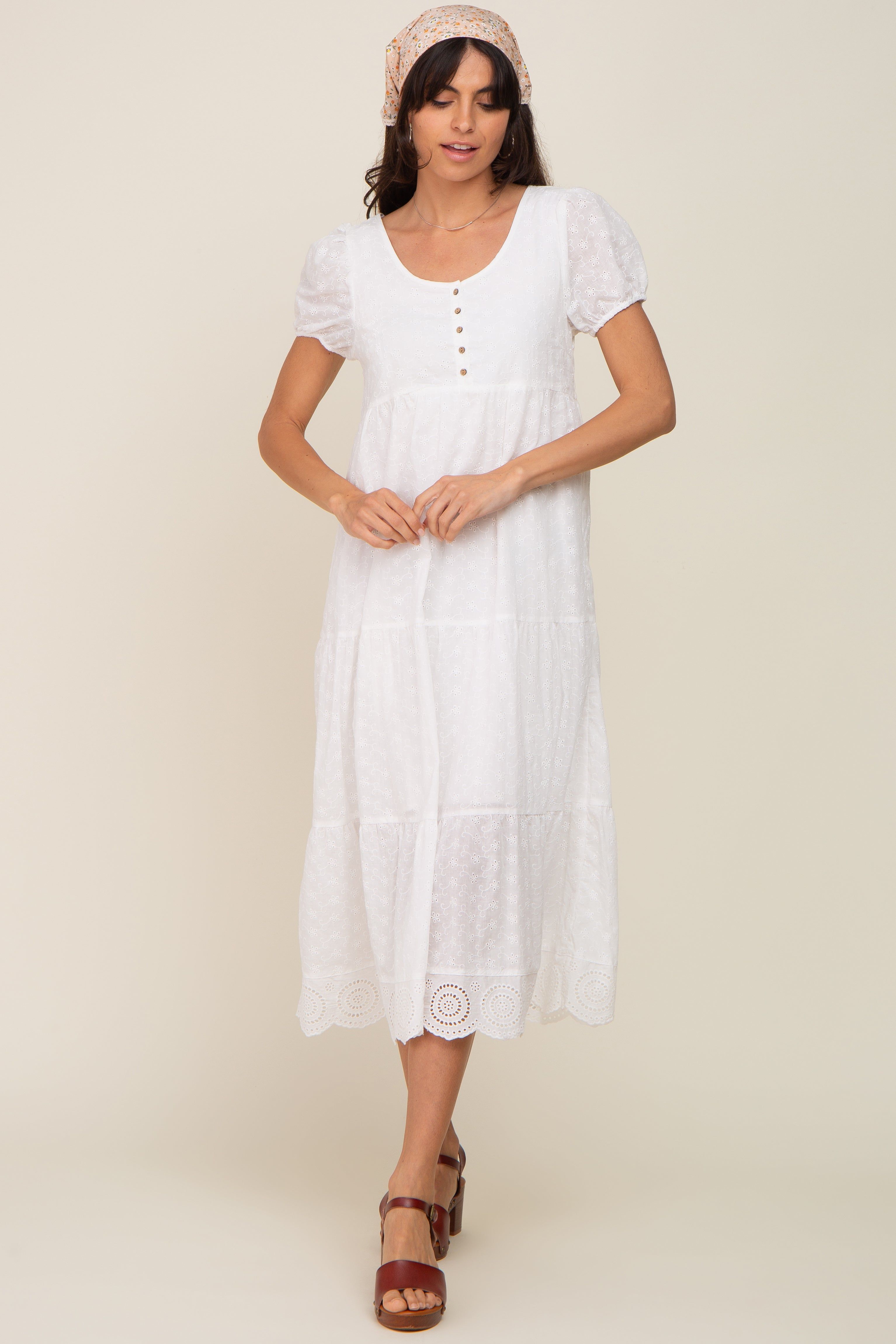 Ivory Eyelet Button Front Tiered Scalloped Hem Midi Dress sold by Pinkblush product image thumbnail 4