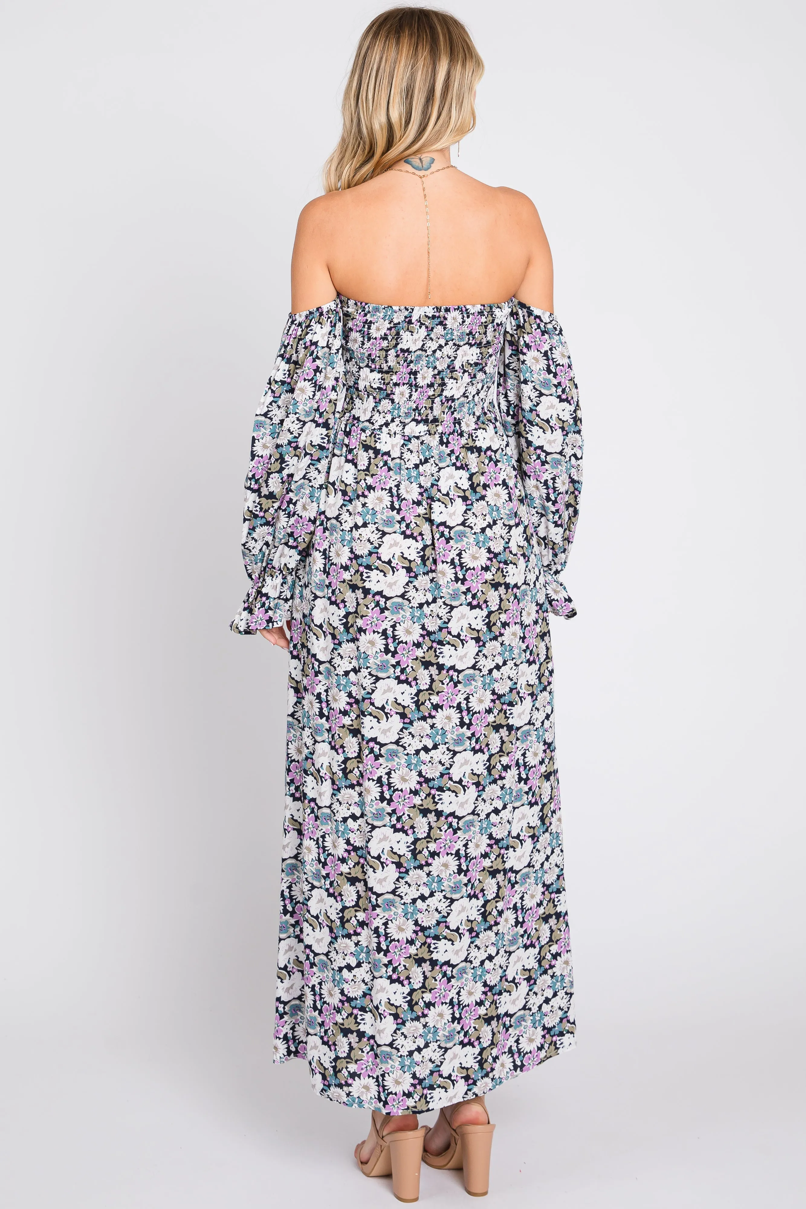 Black Floral Print Off Shoulder Smocked Maxi Dress sold by Pinkblush product image thumbnail 3