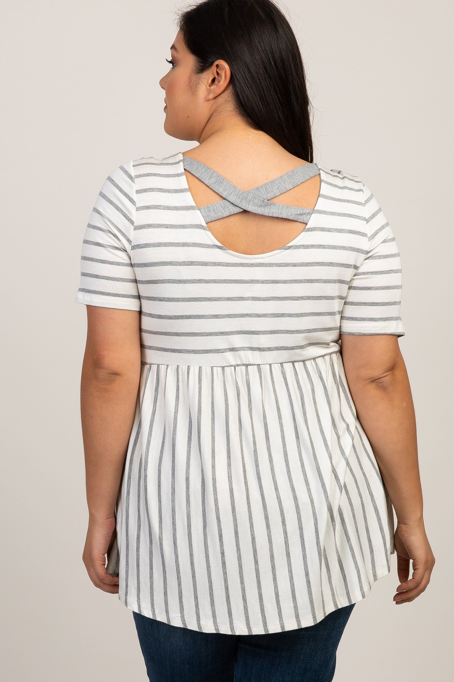 PinkBlush Grey Striped Crisscross Peplum Plus Maternity Top sold by Pinkblush product image thumbnail 3