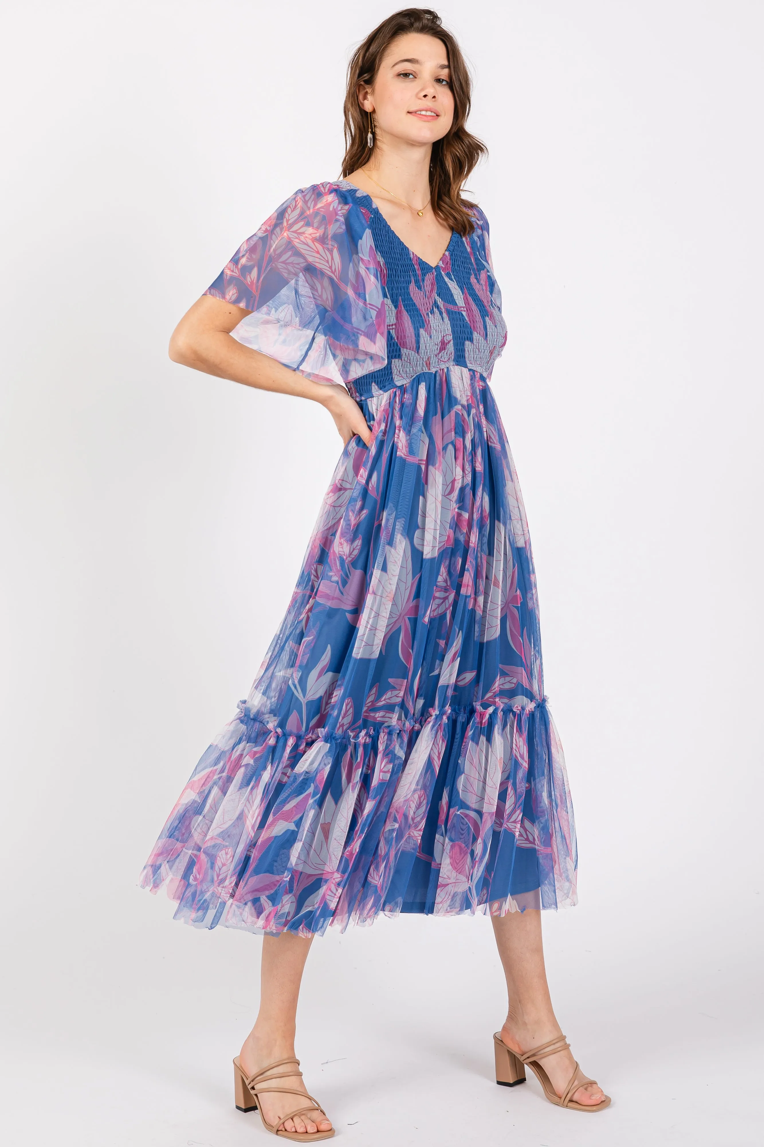 Blue Leaf Print Mesh Smocked Midi Dress sold by Pinkblush product image thumbnail 2
