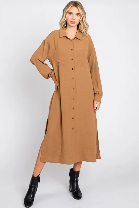 Camel Button Down Collared Maxi Dress sold by Pinkblush