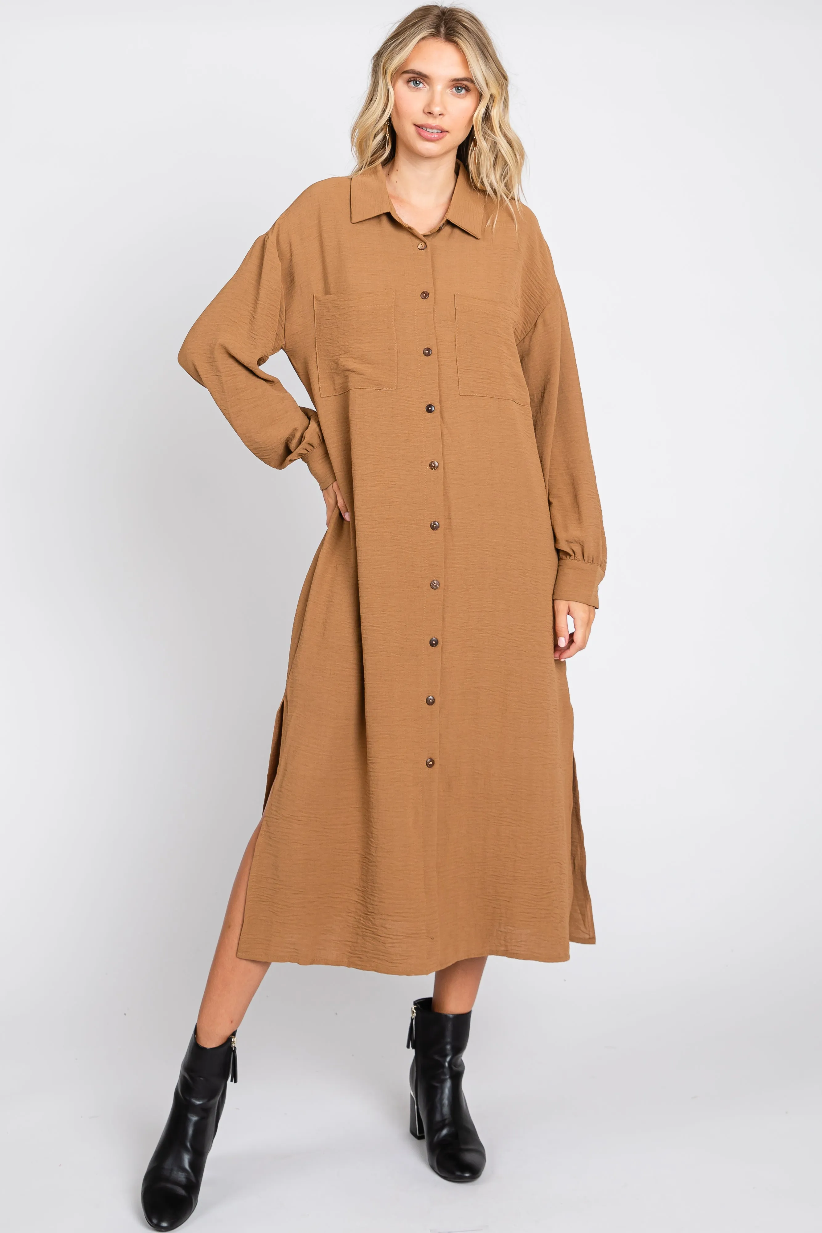 Camel Button Down Collared Maxi Dress sold by Pinkblush