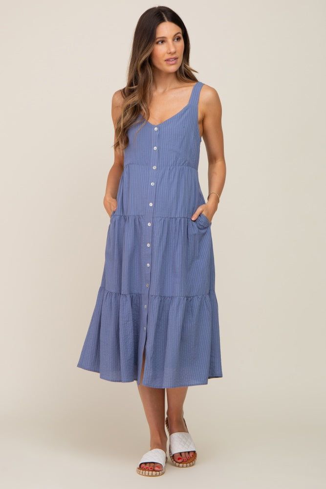 Blue Striped Button Down Maternity Midi Dress sold by Pinkblush