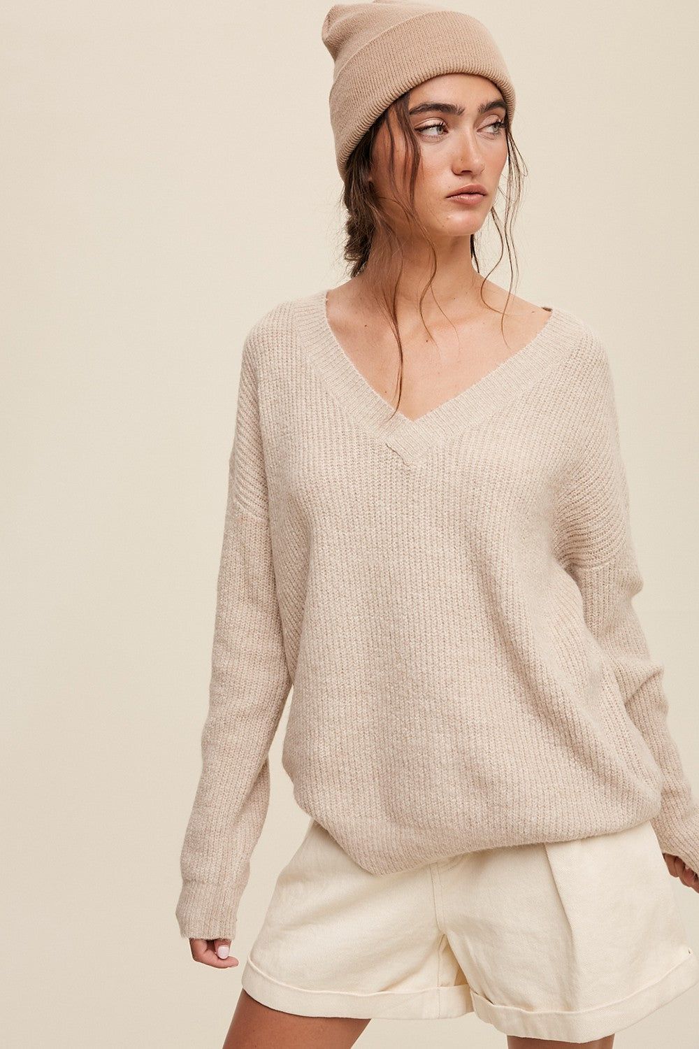 Taupe V-Neck Relaxed Fit Sweater sold by Pinkblush
