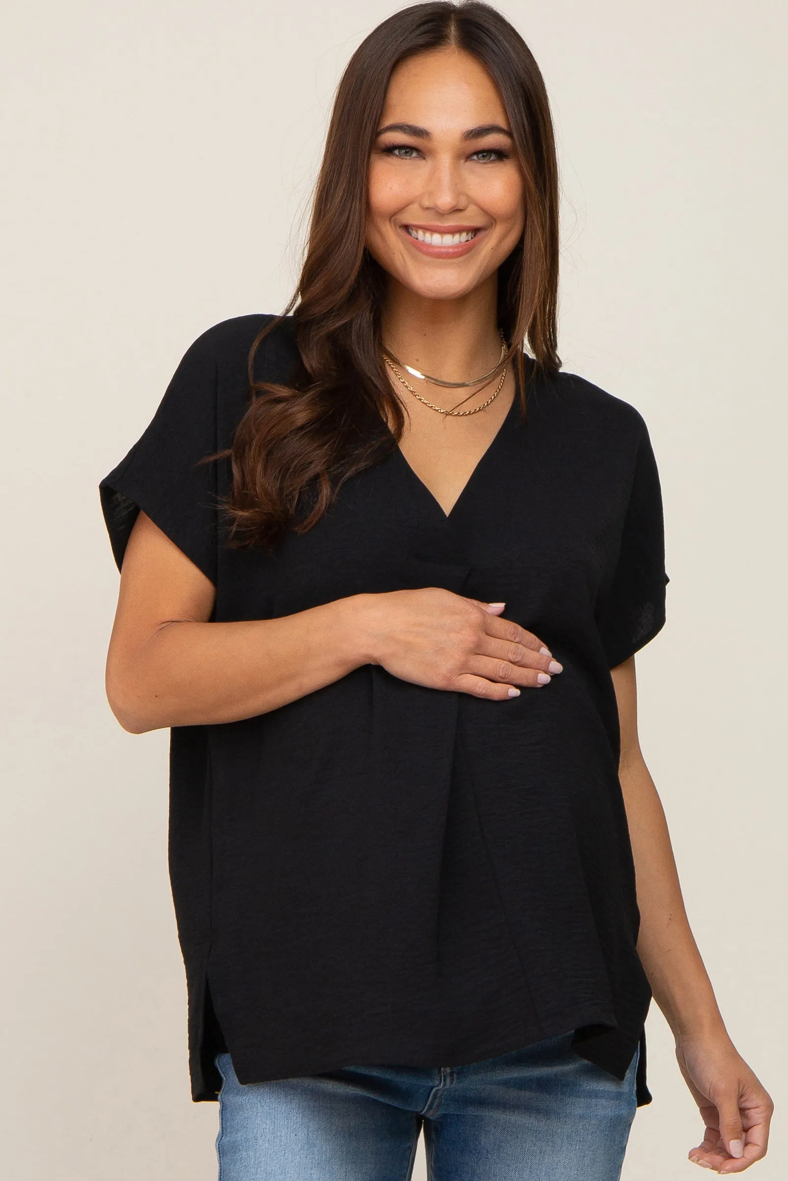 Black Oversized V-Neck Maternity Blouse sold by Pinkblush