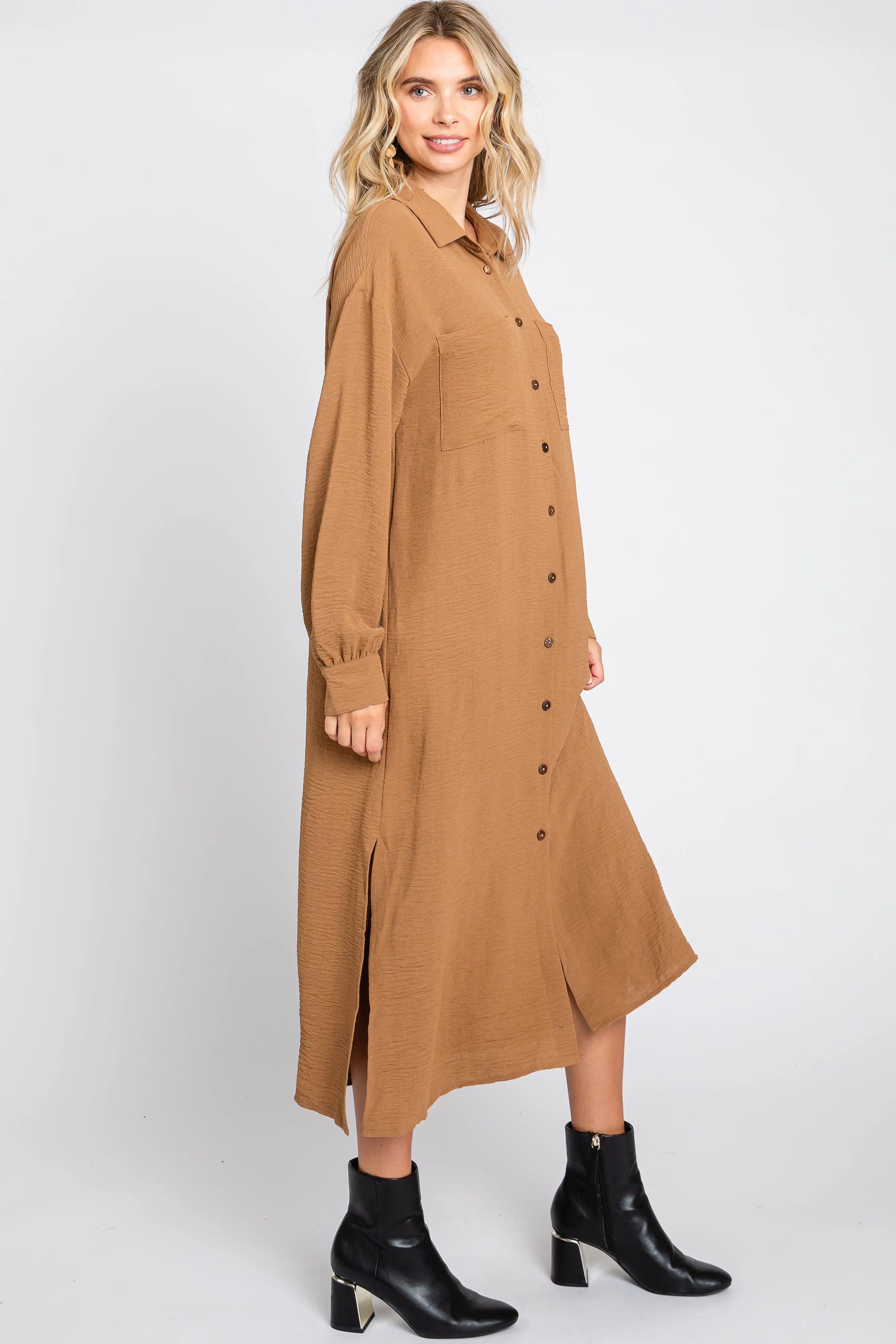 Camel Button Down Collared Maxi Dress sold by Pinkblush product image thumbnail 2