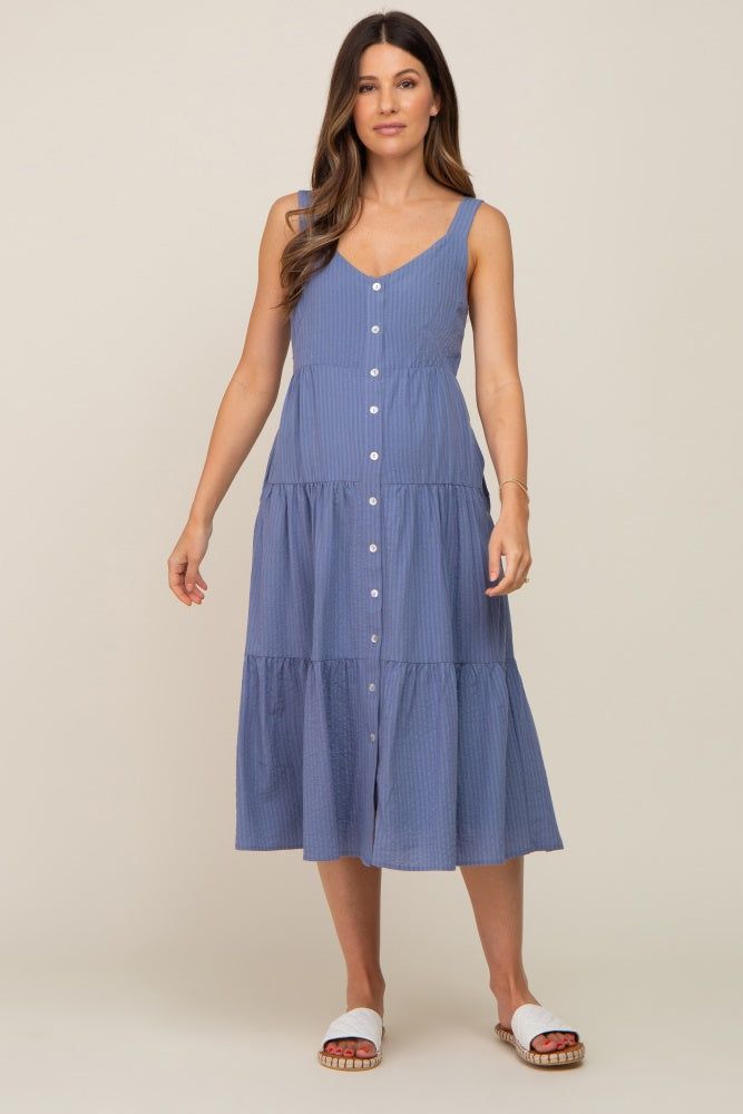 Blue Striped Button Down Maternity Midi Dress sold by Pinkblush product image thumbnail 2