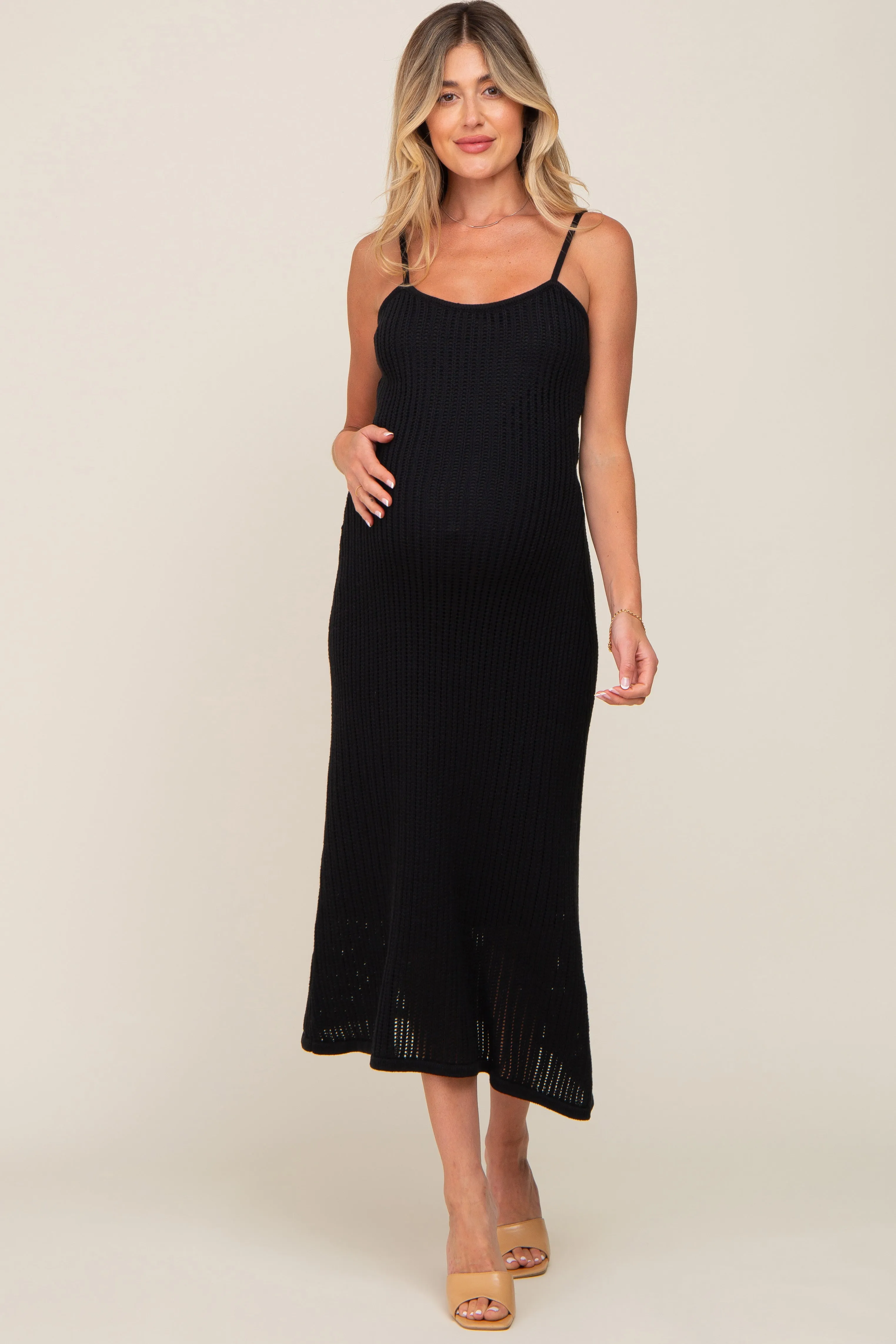 Black Open Knit Crochet Maternity Midi Dress sold by Pinkblush product image thumbnail 4