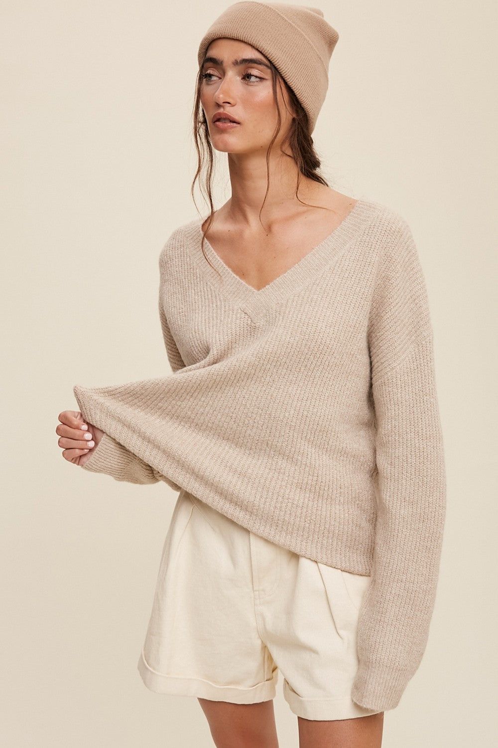 Taupe V-Neck Relaxed Fit Sweater sold by Pinkblush product image thumbnail 2