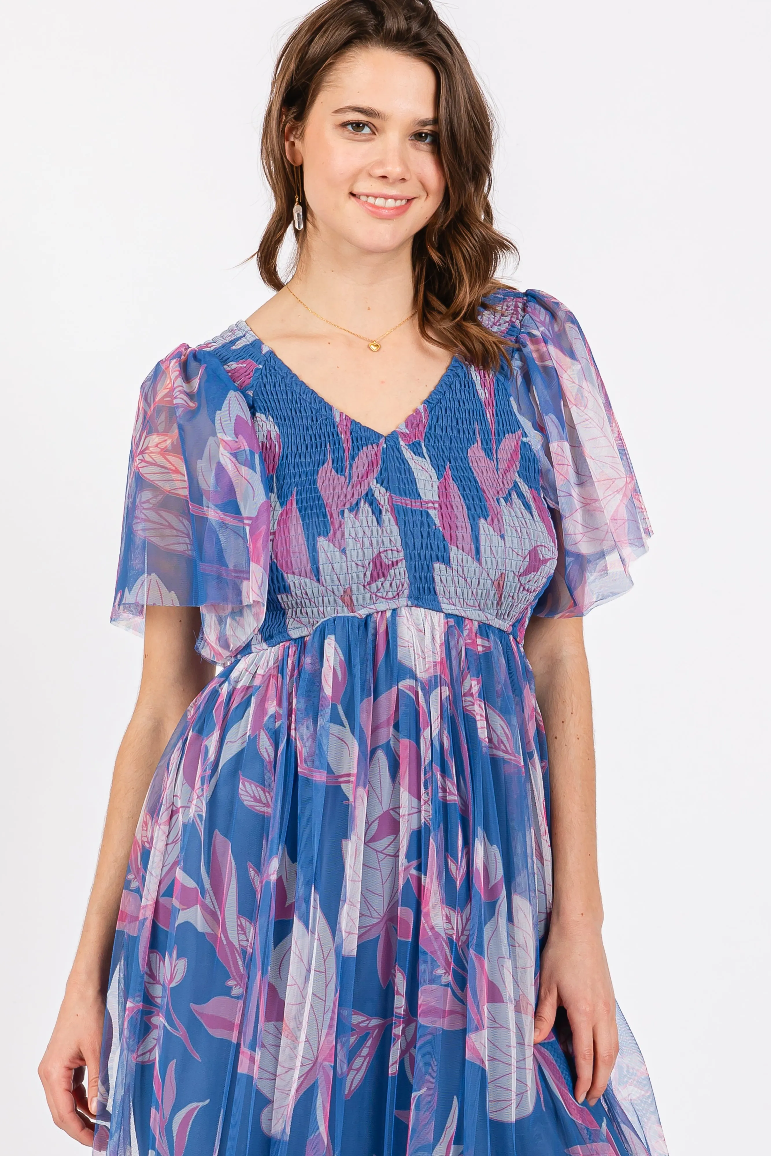 Blue Leaf Print Mesh Smocked Midi Dress sold by Pinkblush product image thumbnail 4