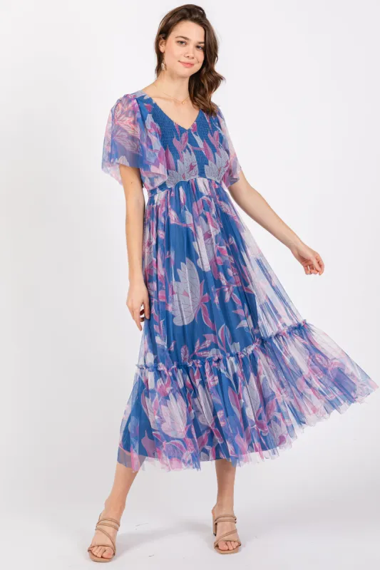 Blue Leaf Print Mesh Smocked Midi Dress sold by Pinkblush