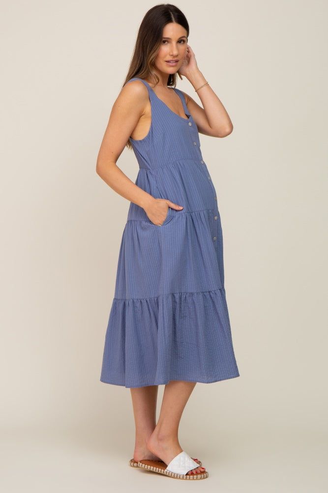 Blue Striped Button Down Maternity Midi Dress sold by Pinkblush product image thumbnail 3