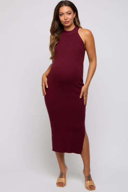 Burgundy Sleeveless Side Slit Maternity Midi Dress sold by Pinkblush