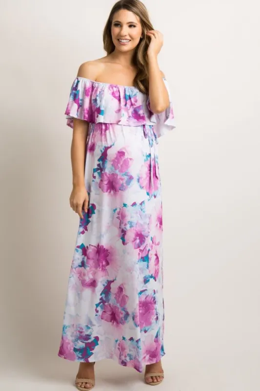 PinkBlush Ivory Floral Ruffle Sash Tie Maternity Maxi Dress sold by Pinkblush