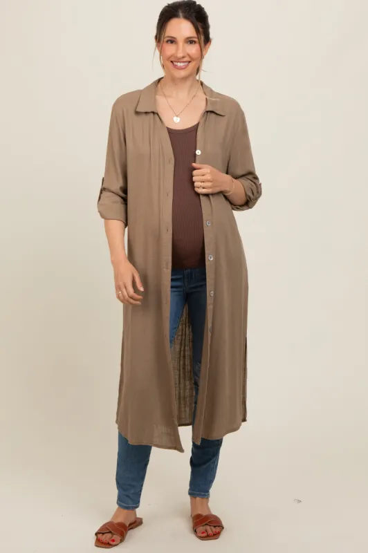 Mocha Collared Button Down Long Maternity Blouse sold by Pinkblush