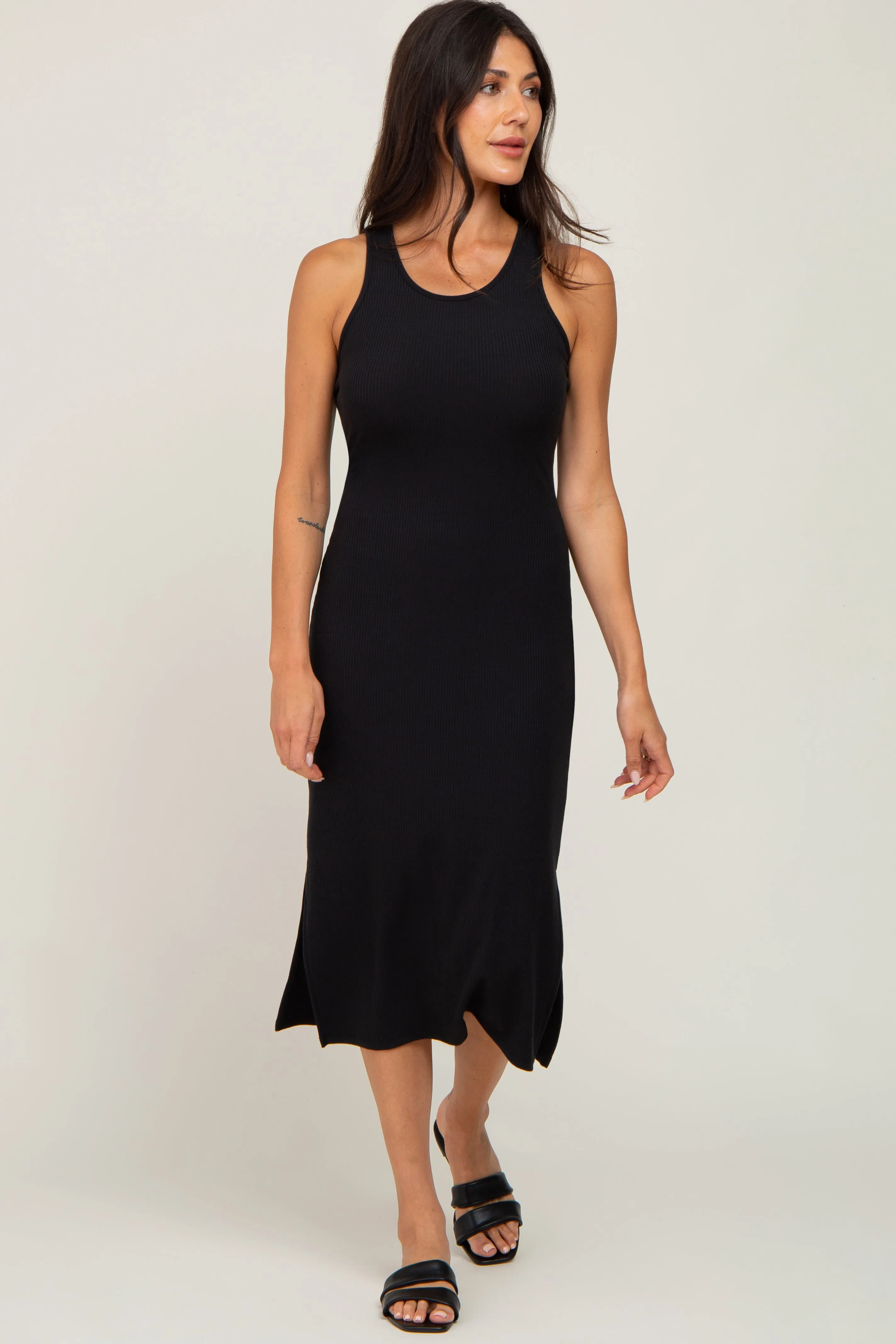 Black Ribbed Side Slit Midi Dress sold by Pinkblush
