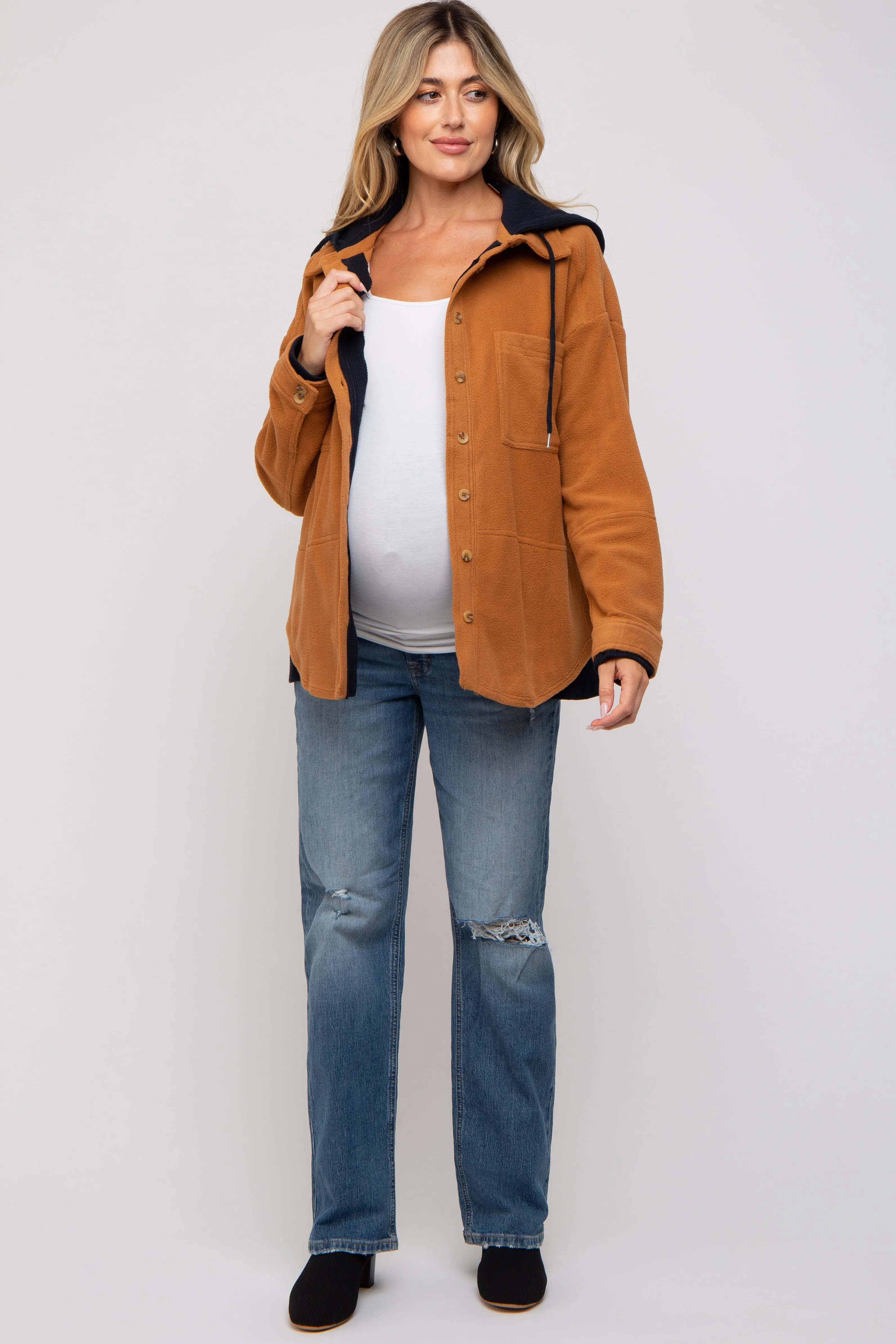 Camel Soft Hooded Maternity Shacket sold by Pinkblush product image thumbnail 2