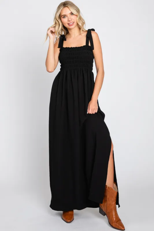 Black Textured Smocked Shoulder Tie Maxi Dress sold by Pinkblush