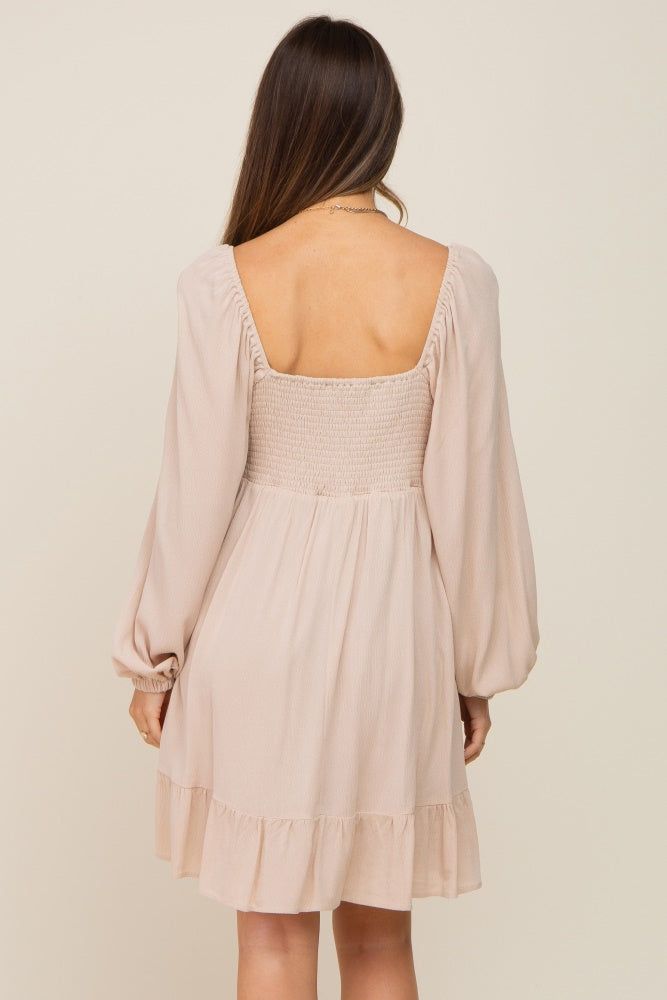 Beige Square Neck Puff Long Sleeve Maternity Dress sold by Pinkblush product image thumbnail 4