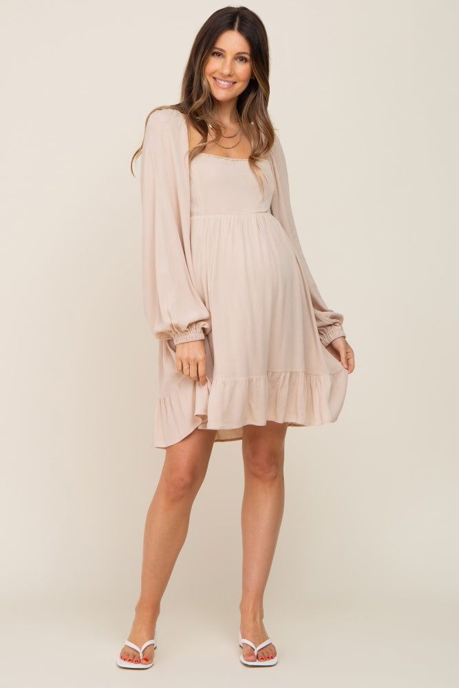 Beige Square Neck Puff Long Sleeve Maternity Dress sold by Pinkblush