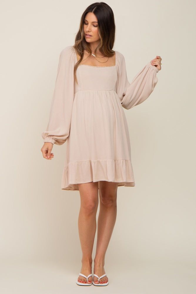 Beige Square Neck Puff Long Sleeve Maternity Dress sold by Pinkblush product image thumbnail 2
