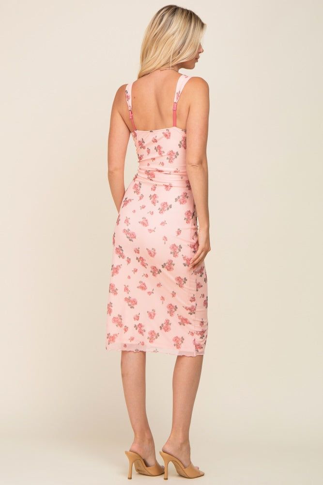 Peach Floral Mesh Ruched Midi Dress sold by Pinkblush product image thumbnail 3