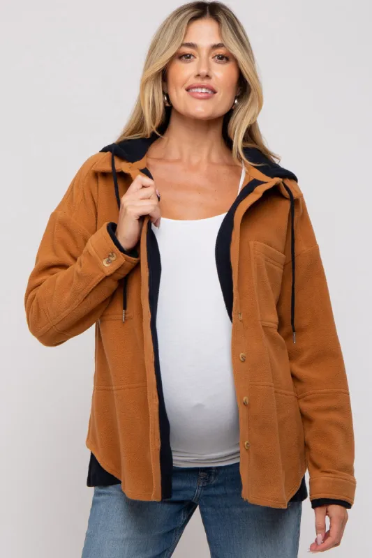 Camel Soft Hooded Maternity Shacket sold by Pinkblush
