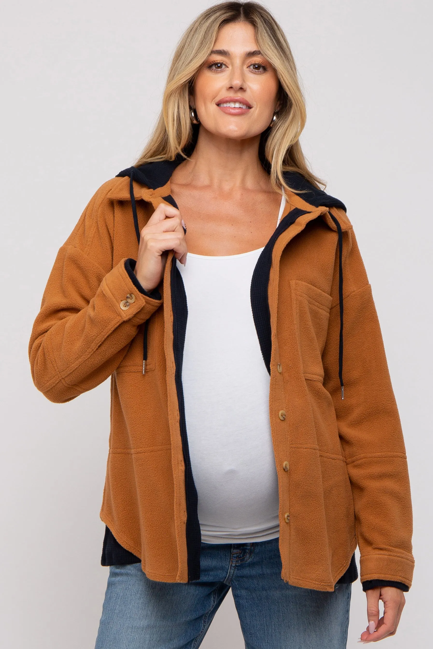 Camel Soft Hooded Maternity Shacket sold by Pinkblush