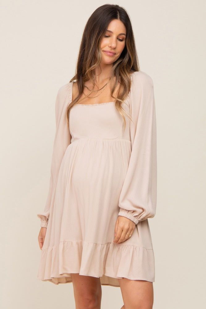 Beige Square Neck Puff Long Sleeve Maternity Dress sold by Pinkblush product image thumbnail 3
