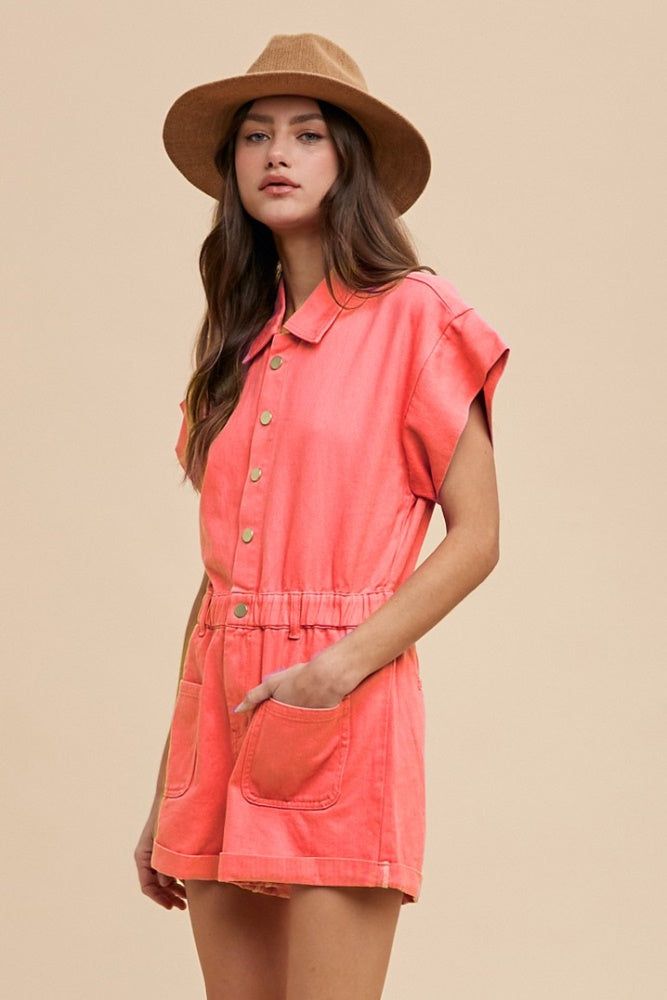 Sun Orange Elastic Waistband Front Pockets Romper sold by Pinkblush