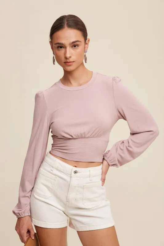 Mauve Long Sleeve Cropped Knit Top With Contrast Tie sold by Pinkblush