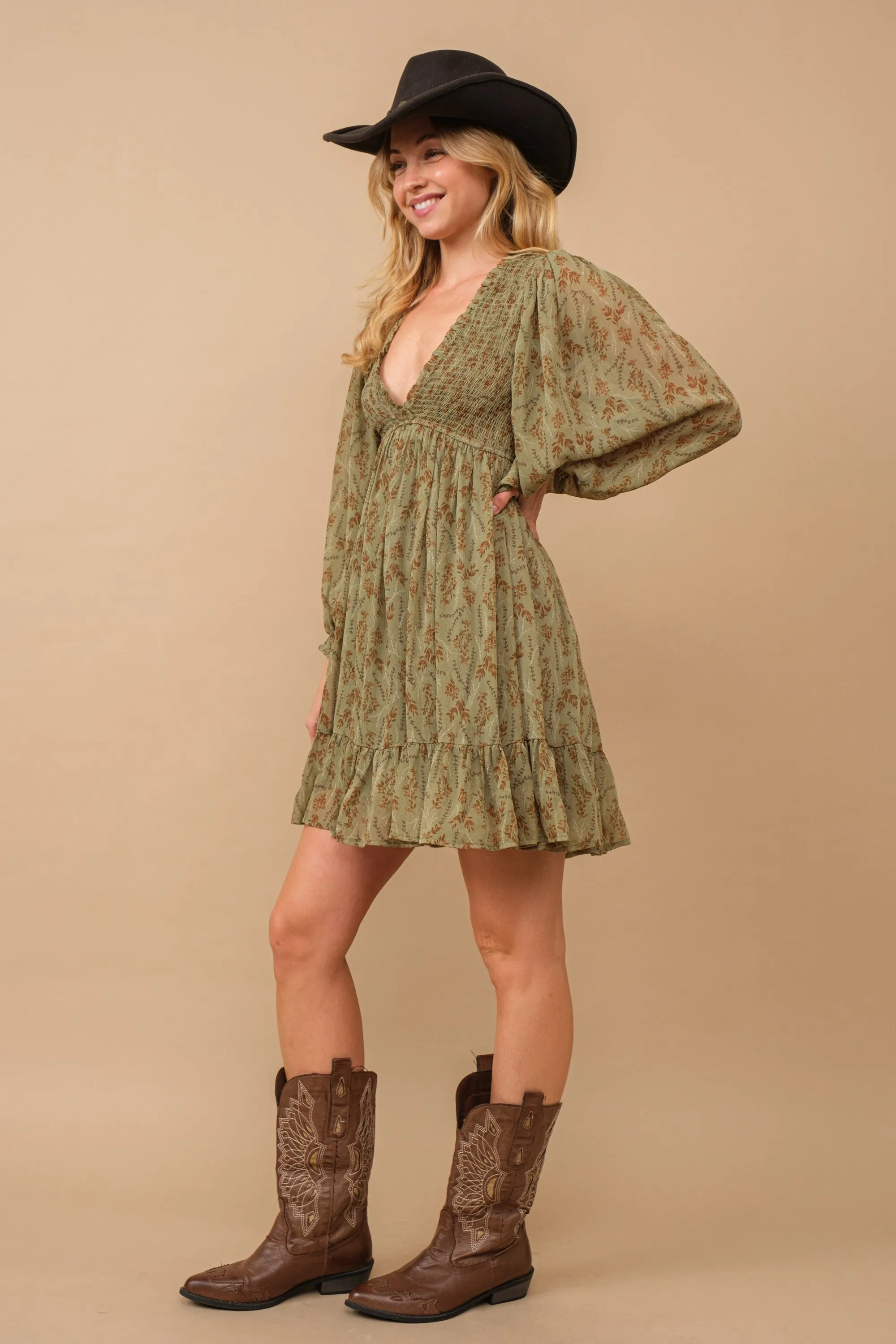 Olive Floral Smocked Long Sleeve Dress sold by Pinkblush product image thumbnail 2